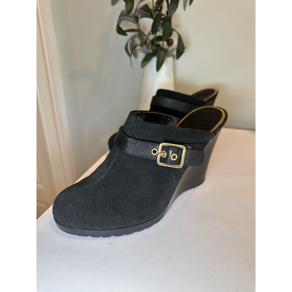 Ralph Lauren Yeva Black Leather Suede 4" Wedge Slip On Mules-Size 6